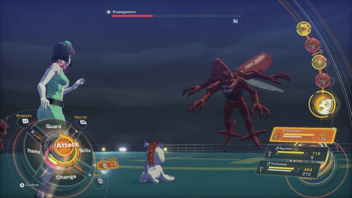 The team fights Kuwagamon in Digimon Story: Time Stranger