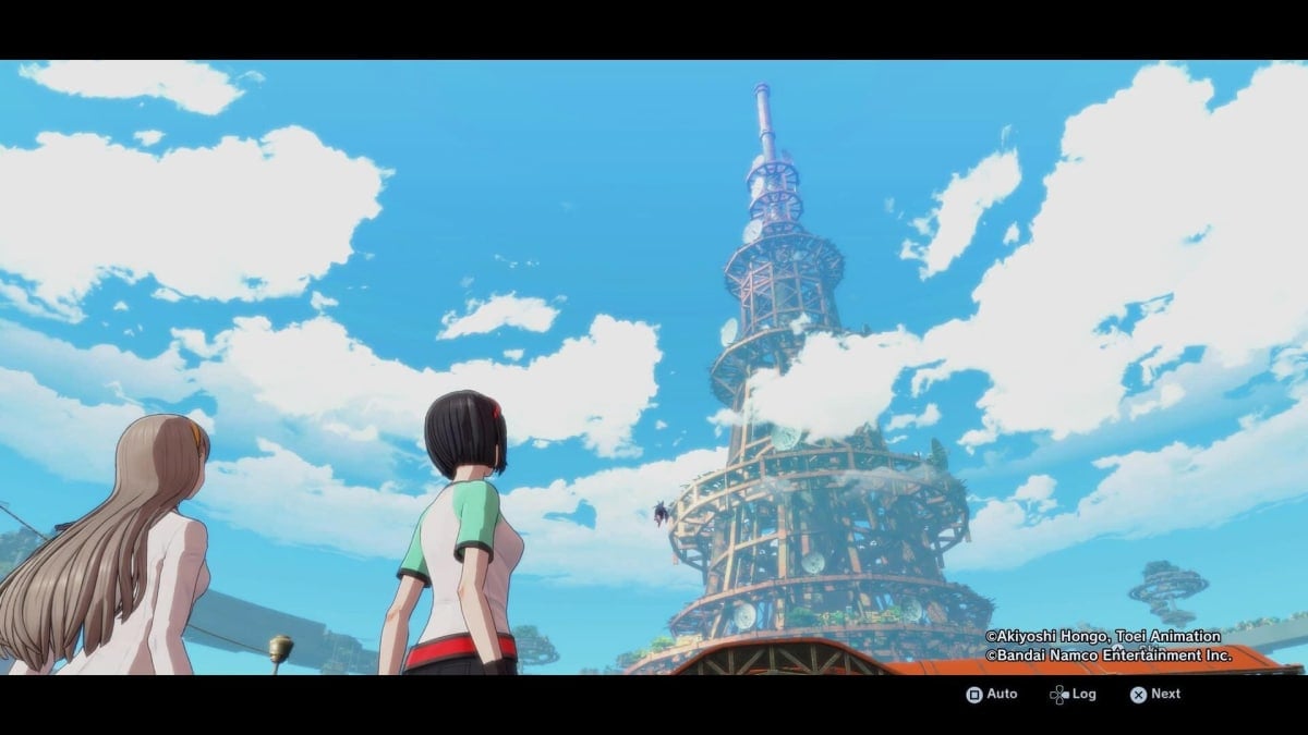 The Agent and friends looks at a broadcast tower in the distance in Digimon Story: Time Stranger