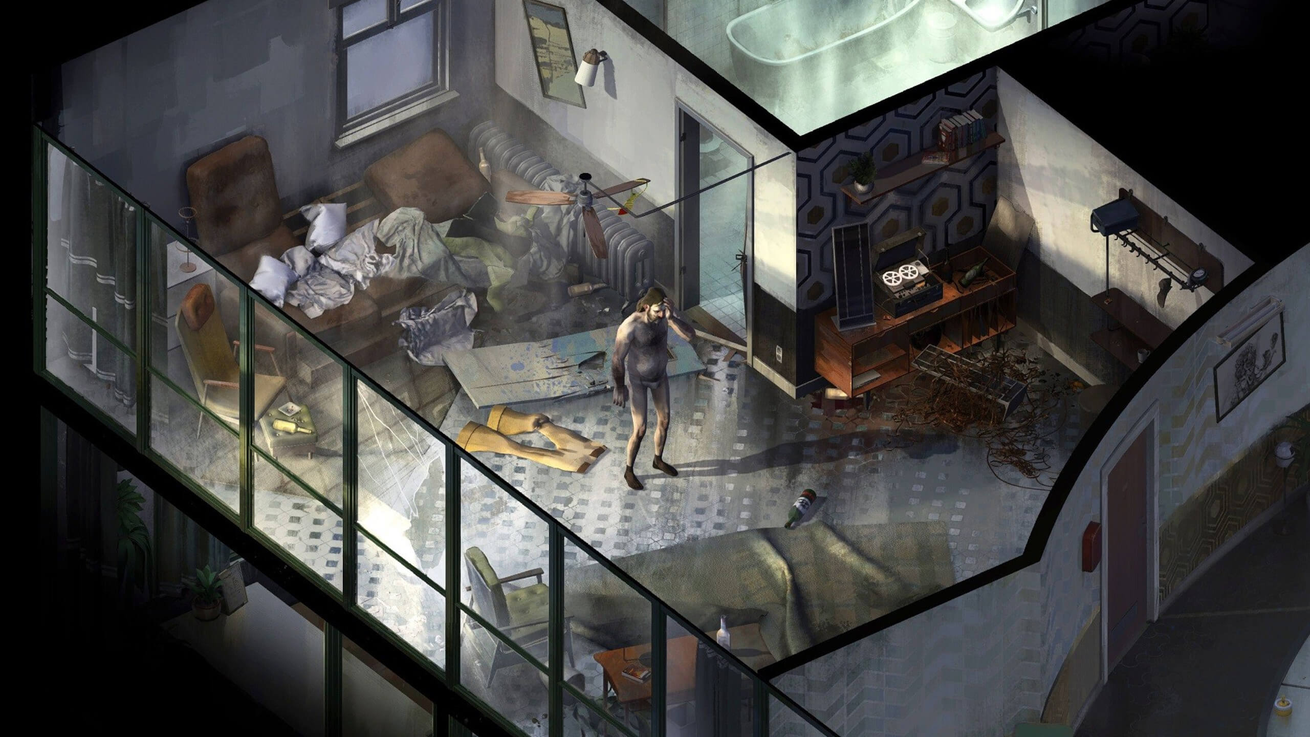 Harry Du Bois clutching his head in a hotel room in the ZA/UM game Disco Elysium