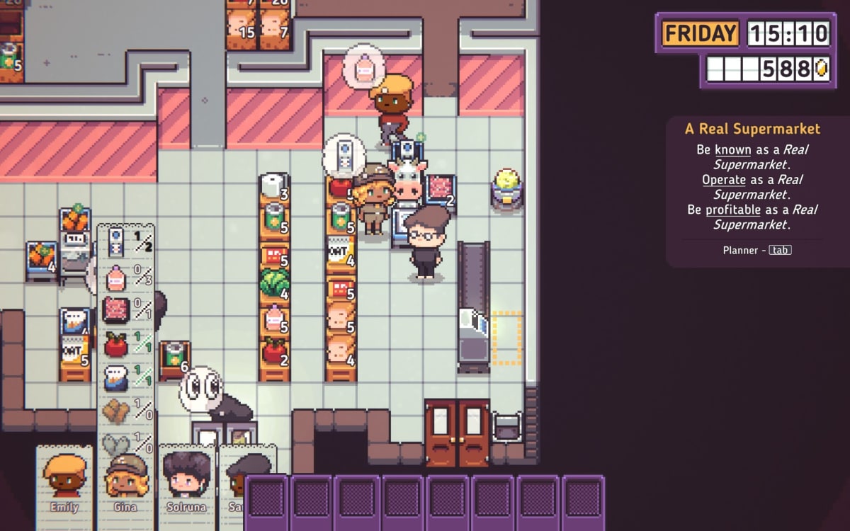 Discounty screenshot showing a very busy shop filled with customers and a shopkeeper