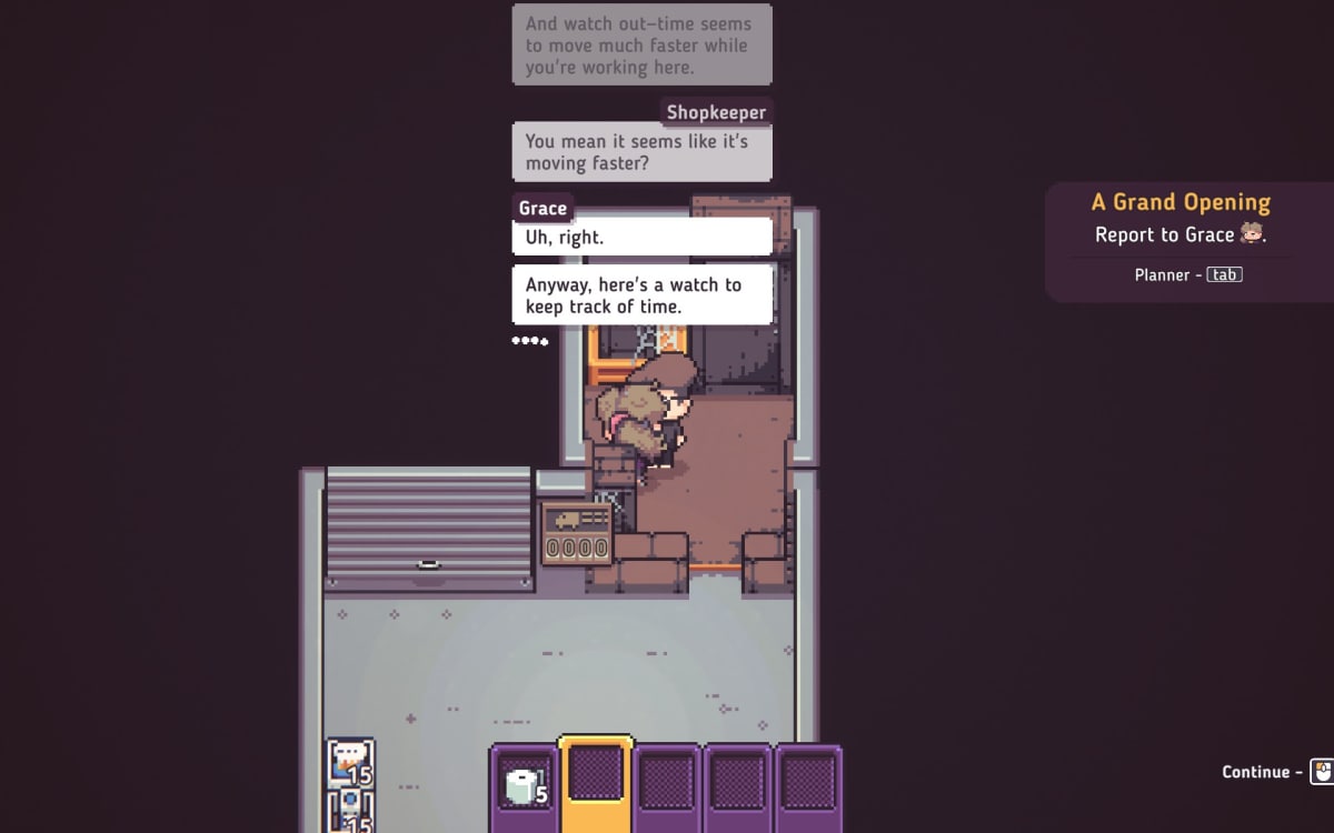 Discounty screenshot showing two people having a conversation in the back room of a shop