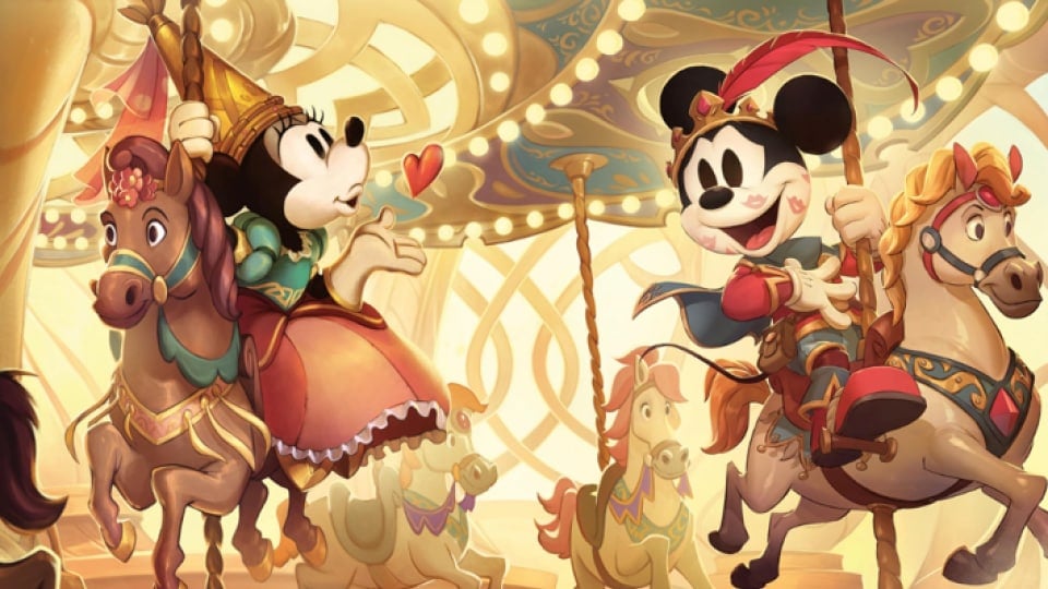 Mickey and Minnie Mouse in medieval clothing riding a carousel.