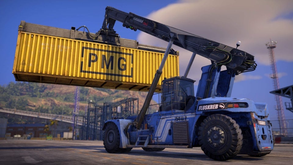 A vehicle carrying a shipping container in Docked