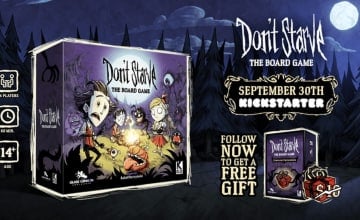 The game box for Don't Starve: The Board Game with a dark spooky forest in the background.