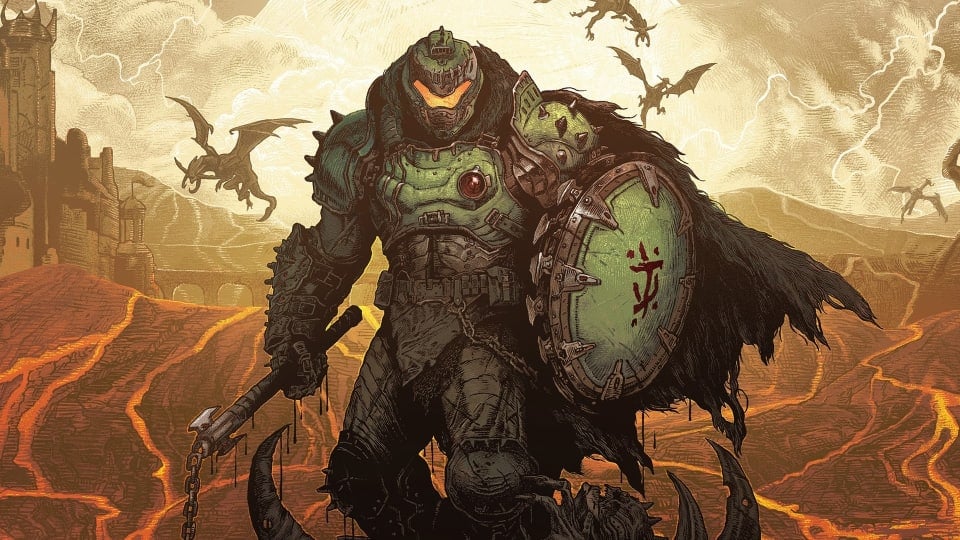 A promo image form Doom: The Dark Ages showing the Doom Slayer in a cloaked suit of armor wielding a shotgun and a shield.