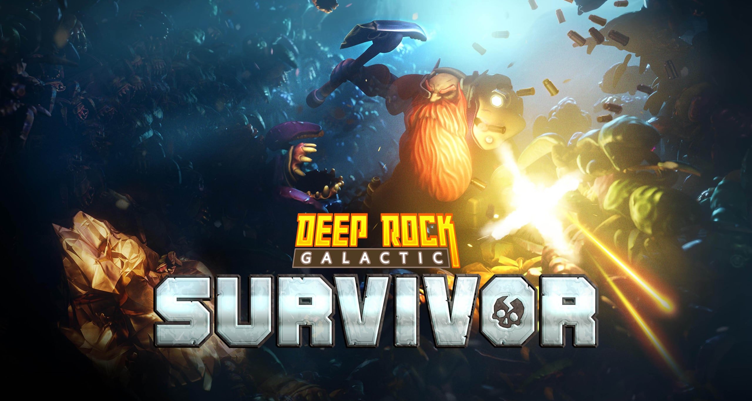 The key art for Deep Rock Galactic: Survivor, featuring a dwarf shooting a gun.