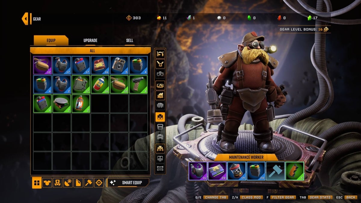 The gear selection screen in Deep Rock Galactic: Survivor.
