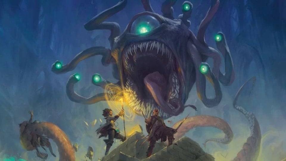 A one-eyed tentacled monster with a mouth full of teeth looming over a group of adventurers in a cave.
