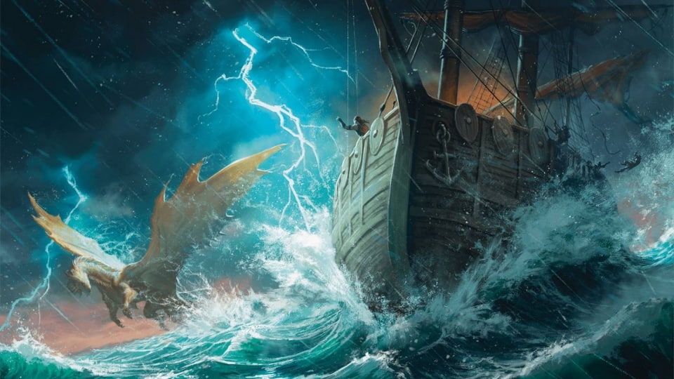 A ship on the sea in the middle of a thunderstorm, a dragon is flying in the background.