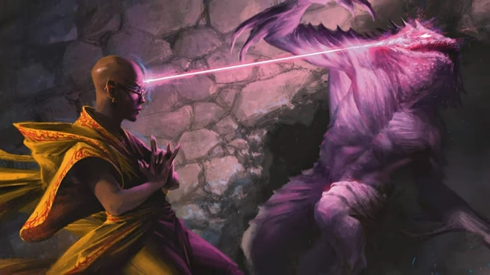 A man in robes firing a purple beam of light at a monster