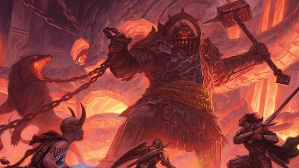 A fire giant wrapped in molten chains and wielding a giant hammer sacing an adventuring party.