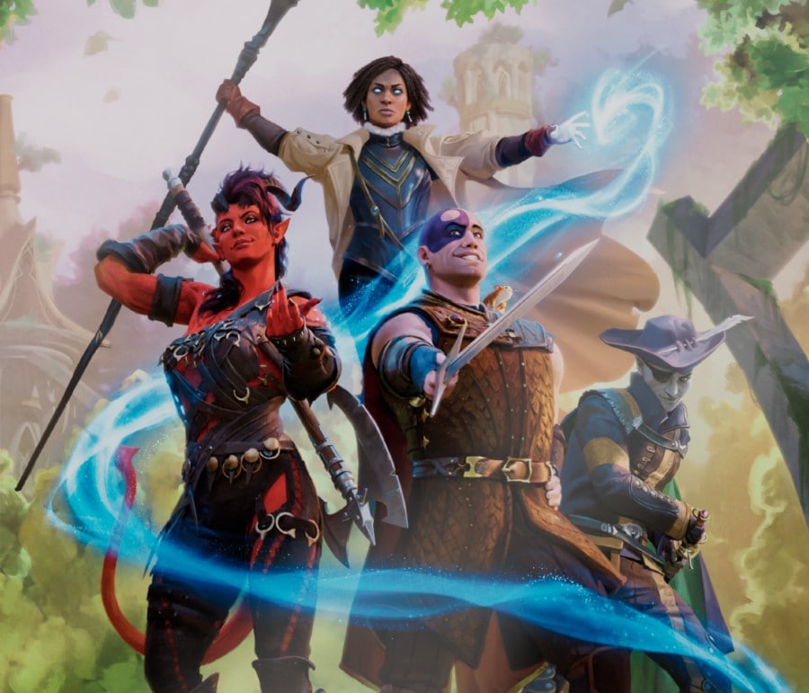 A group of adventurers, including a bald man with a tattoo, a red-skinned tiefling, a wizard with glowing eyes, and an elf in a pointed hat.