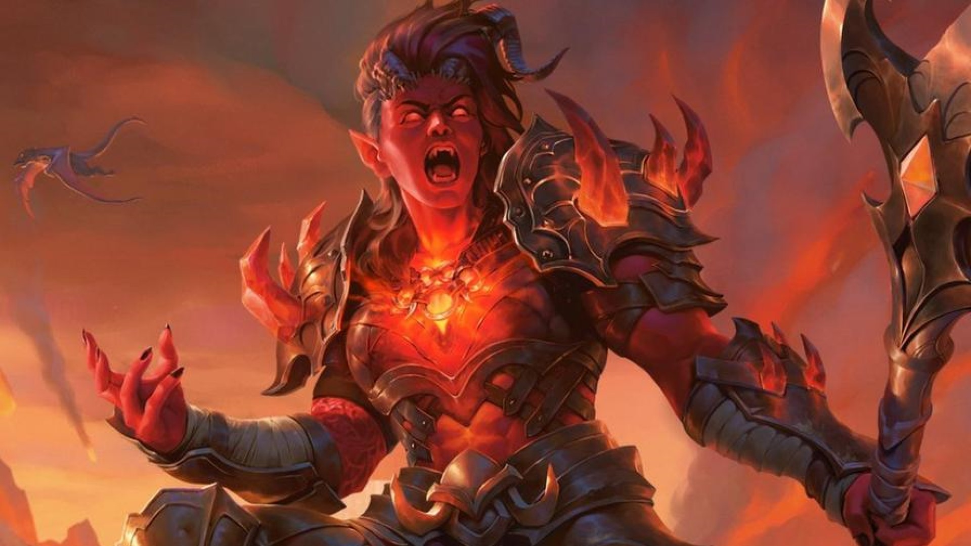 A red-skinned tiefling warrior in black spiked armor wielding a battleaxe.