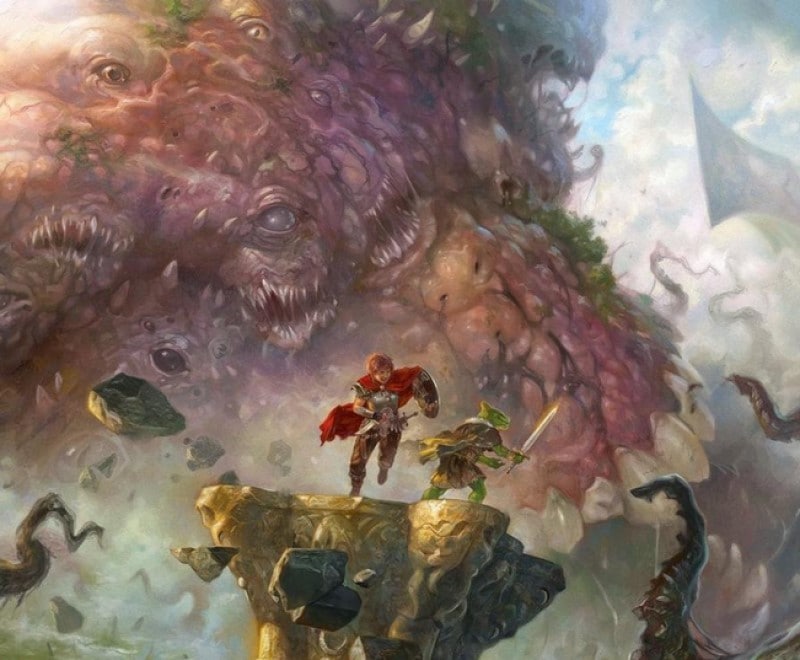 Artwork of a gnome and a dragonborn running away from a gigantic, tentacled monster with multiple mouths.