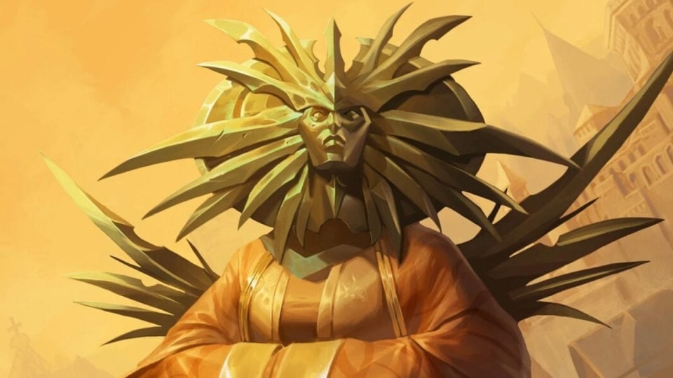 A tall figure with an ornate golden mask standing in a sun-drenched city.