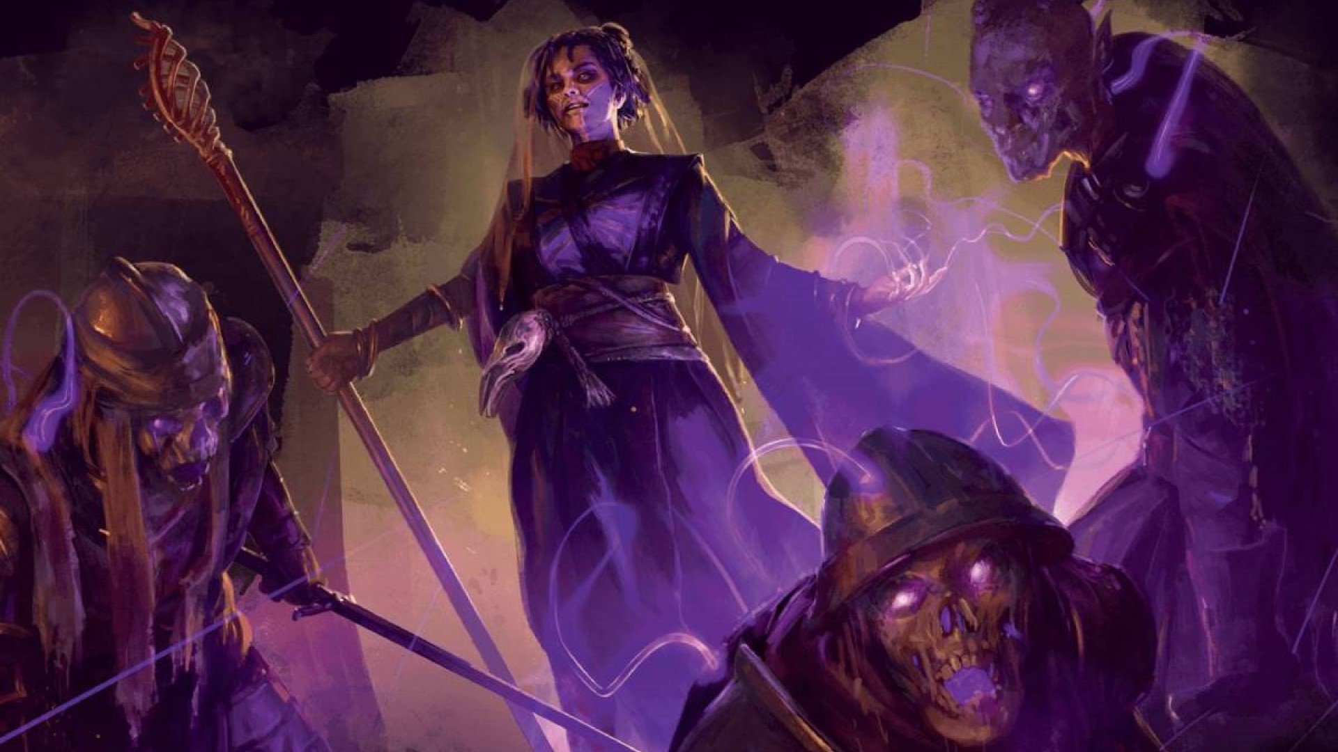 A human wizard surrounded by swirling purple energy, several animated skeletons surround her.