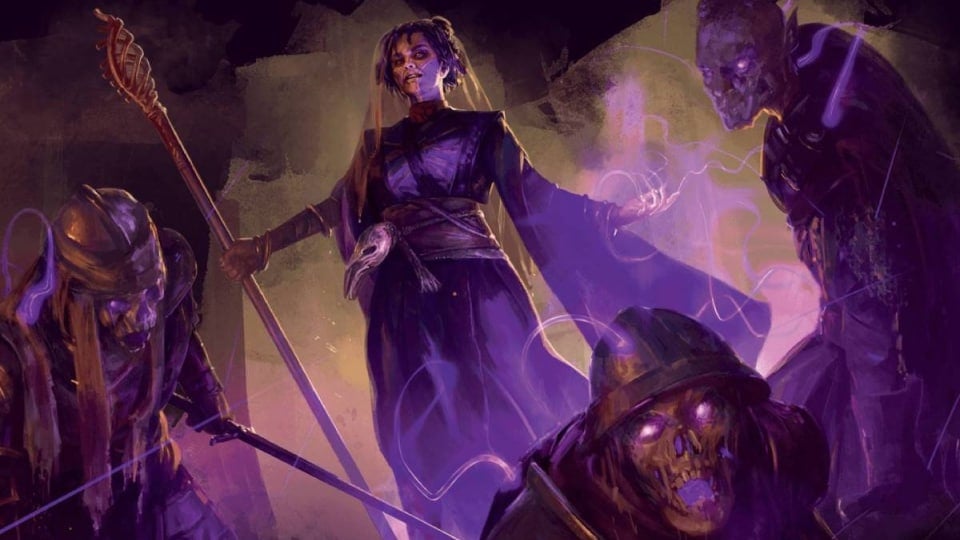 A human wizard surrounded by swirling purple energy, several animated skeletons surround her.