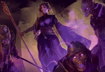 A human wizard surrounded by swirling purple energy, several animated skeletons surround her.