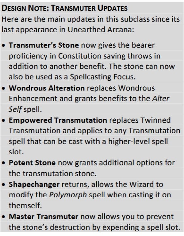 A block of black text on a blue background. The text explains rules changes to the Transmuter subclass.