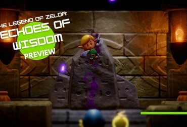 Link leaping up high in the air in the middle of the screen towards a hooded Zelda.