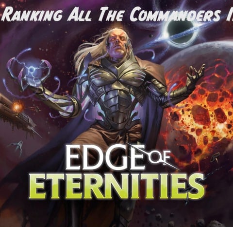 Edge of Eternities Header stating "Ranking all the commanders in..." above a picture of Tezzeret in front of a space background with a collapsing planet and spaceship and then the set name Edge of Eternities 