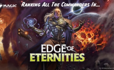 Edge of Eternities Header stating "Ranking all the commanders in..." above a picture of Tezzeret in front of a space background with a collapsing planet and spaceship and then the set name Edge of Eternities 