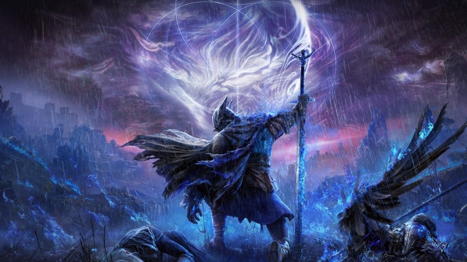 Key art for Elden Ring Nightreign, which depicts a warrior against a backdrop of a purple-tinted night scene
