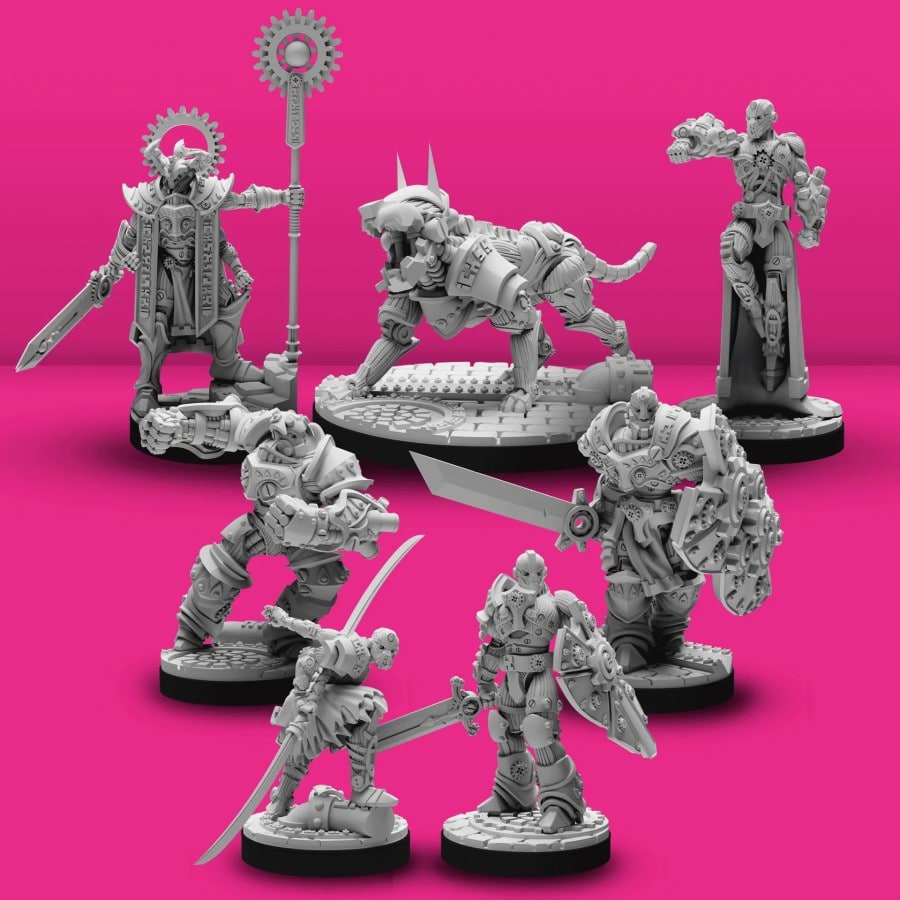 A screenshot of metallic humanoid and canine constructs on a pink background.