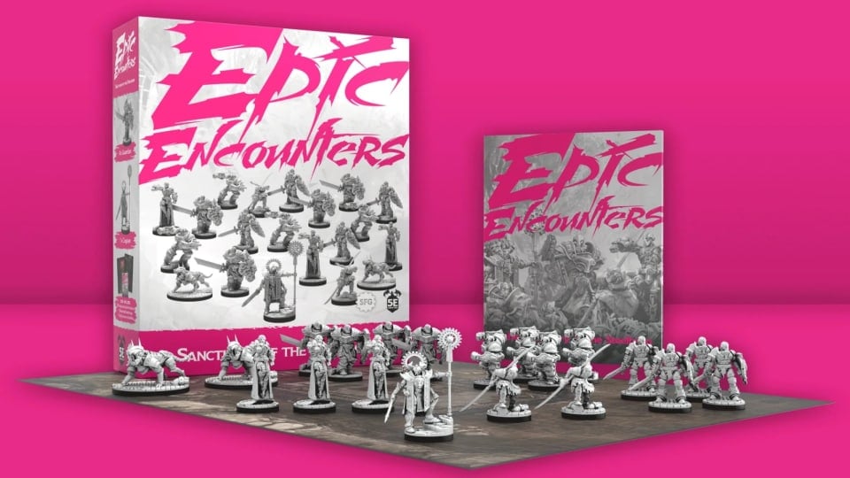 An Epic Encounters box, an Epic Encounters booklet, and a spread of gray robotic miniatures on a pink background.