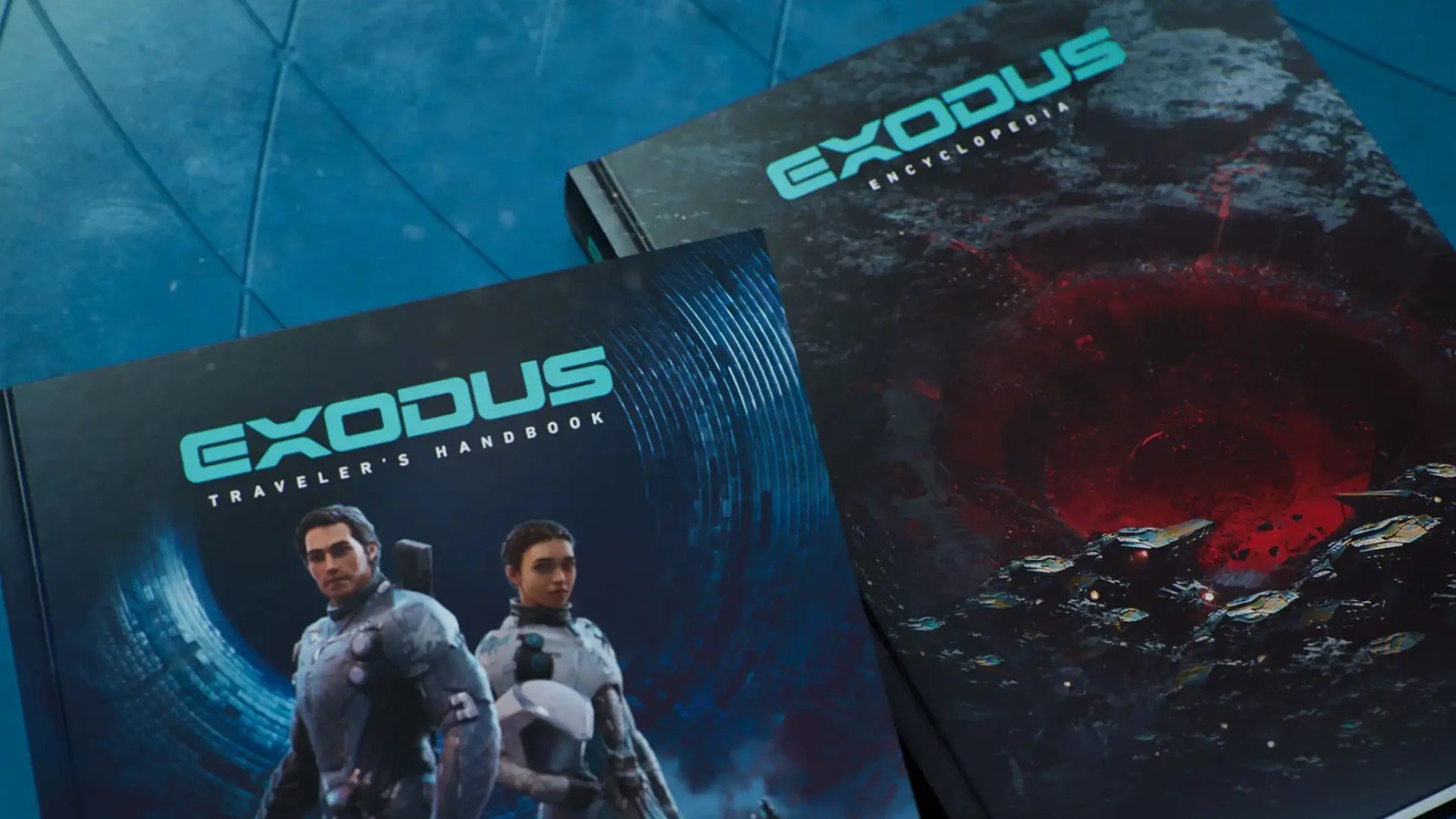Two RPG books, one showing a pair of astronauts on an alien world, and one showing a deep glowing hole in the world, both on a light blue table.