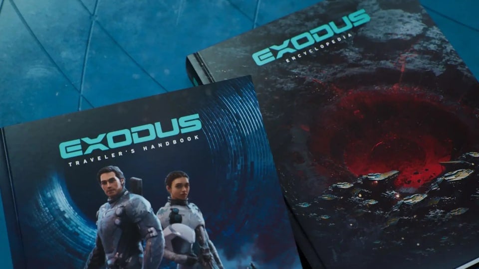 Two RPG books, one showing a pair of astronauts on an alien world, and one showing a deep glowing hole in the world, both on a light blue table.
