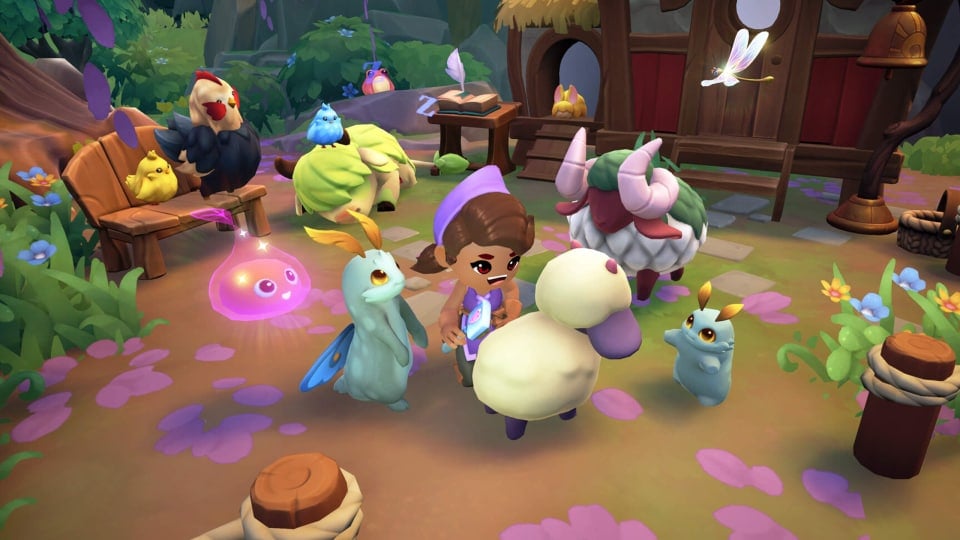 The player surrounded by cute fantasy animals in Fae Farm