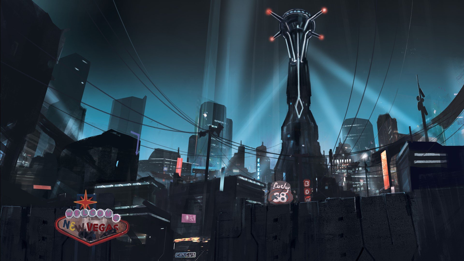 The silhouette of a city in the middle of the night surrounded by a tall steel wall. The neon sign outside reads, "Welcome to New Vegas"