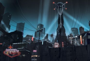 The silhouette of a city in the middle of the night surrounded by a tall steel wall. The neon sign outside reads, "Welcome to New Vegas"