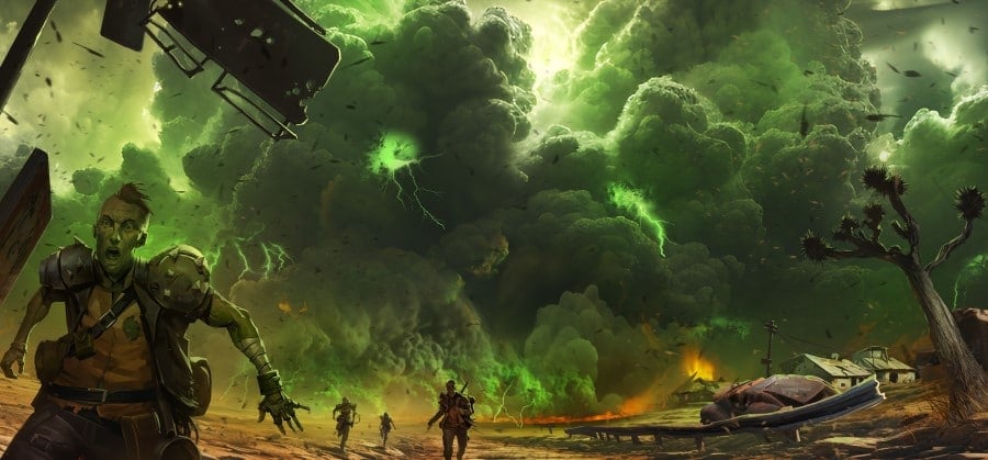 A group of survivors running away from a raging green cloud discharging green lightning and scorching the earth.
