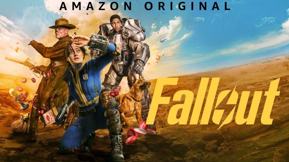 Promo image of Fallout Season One by Amazon Studios, showing Vault Dweller Lucy, Brotherhood recruit Maximus, and bounty hunter Cooper Howard.