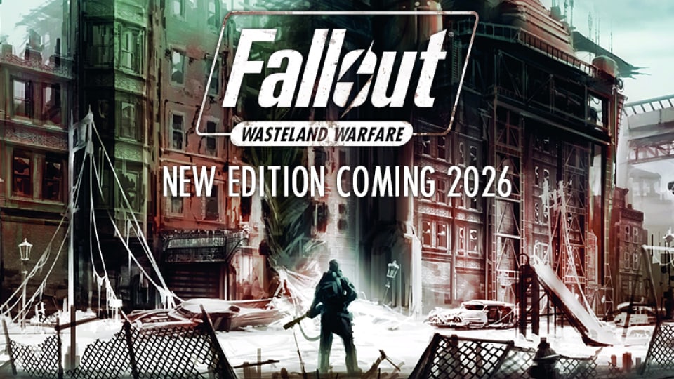 A figure in silhouette in front of a destroyed cityscape. The title "Fallout: Wasteland Warfare" is above in white text.
