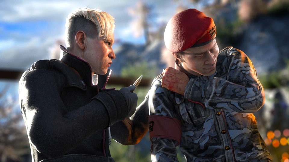 Pagan Min holding a knife to a soldier in Far Cry 4