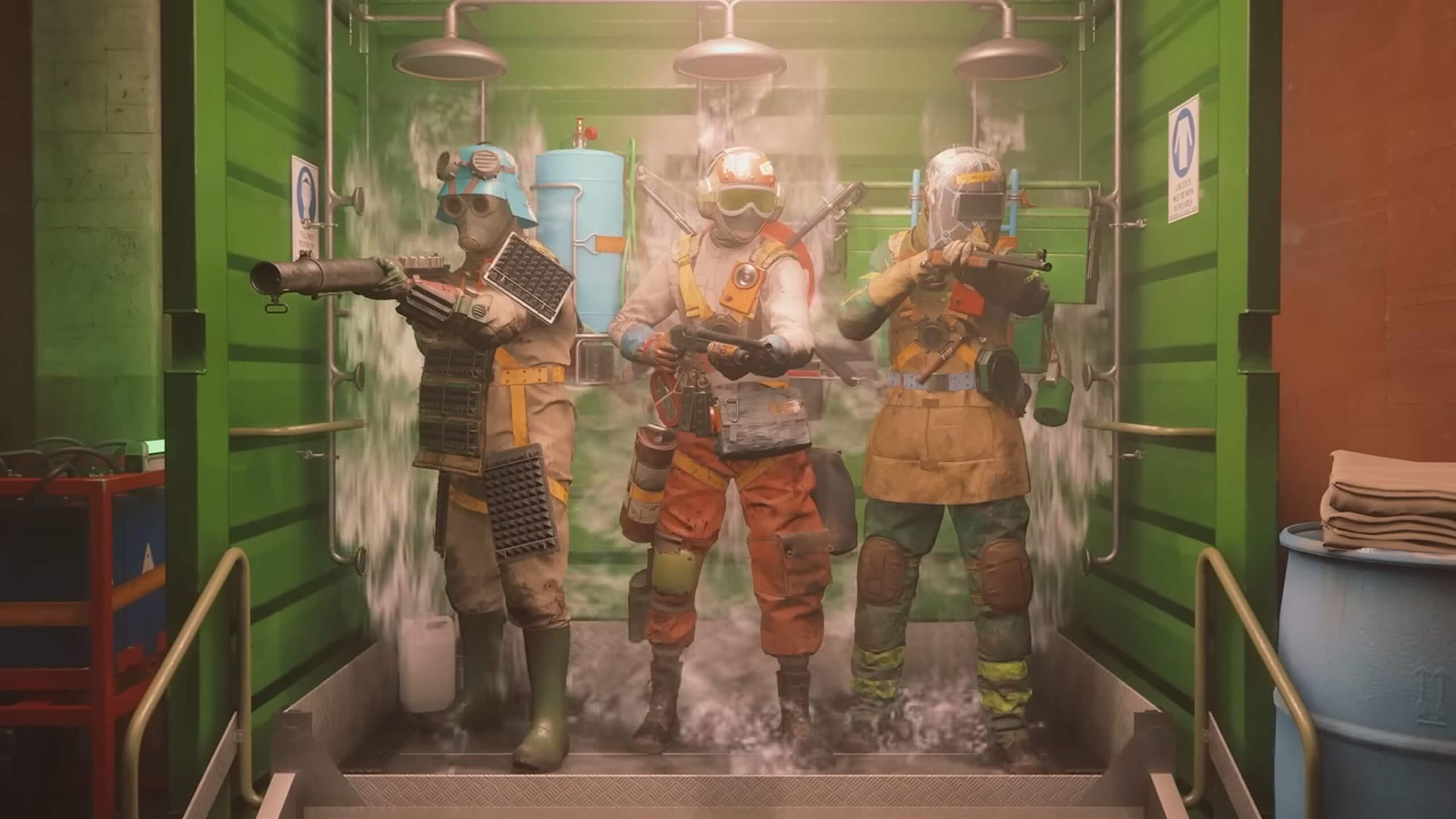 Three characters standing underneath showers in FBC: Firebreak