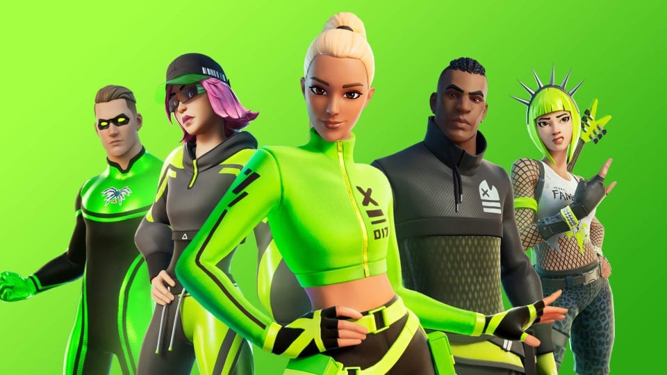 Five characters lined up against a green background in Fortnite