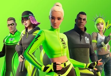 Five characters lined up against a green background in Fortnite