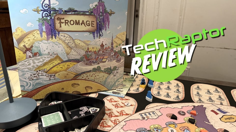 An image from our Fromage review featuring the board game and our TechRaptor logo