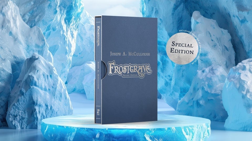 A black bound book with the text "Frostgrave" embossed in silver font on an icy background.