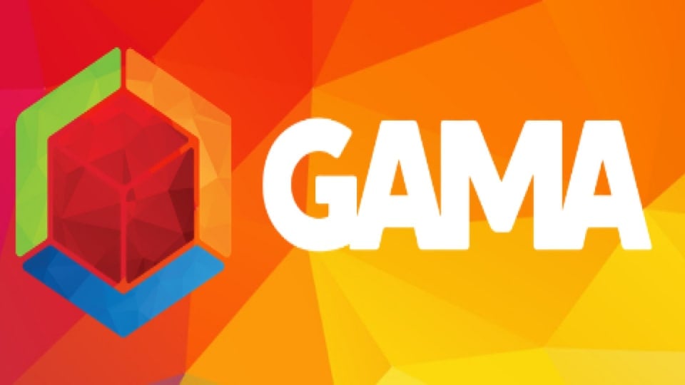 The GAMA logo and title on a bright orange background.