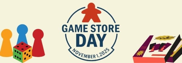 A banner showing a set of dice, the Game Store Day logo, and a stack of game books on a white background.
