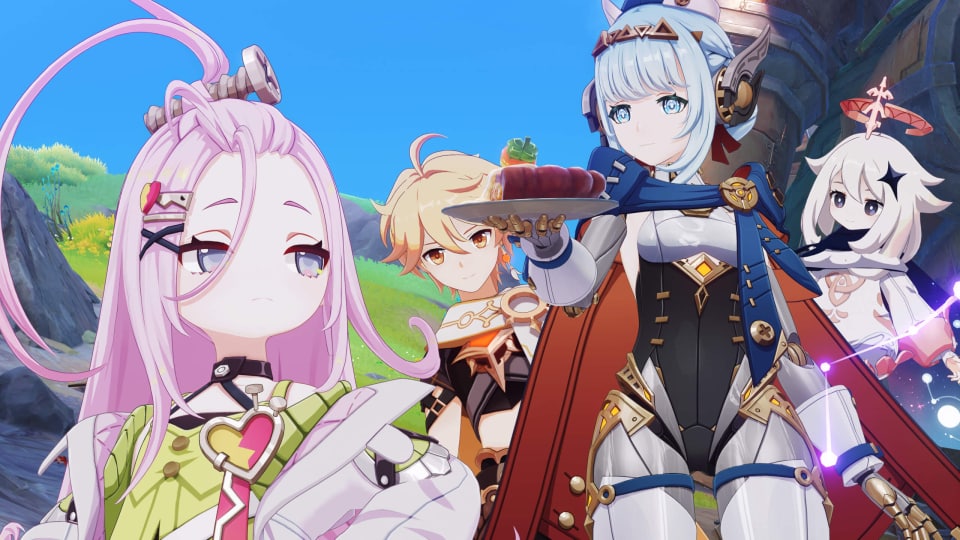 Four Genshin Impact characters, including the protagonist and Paimon, in Genshin Impact Version Luna I