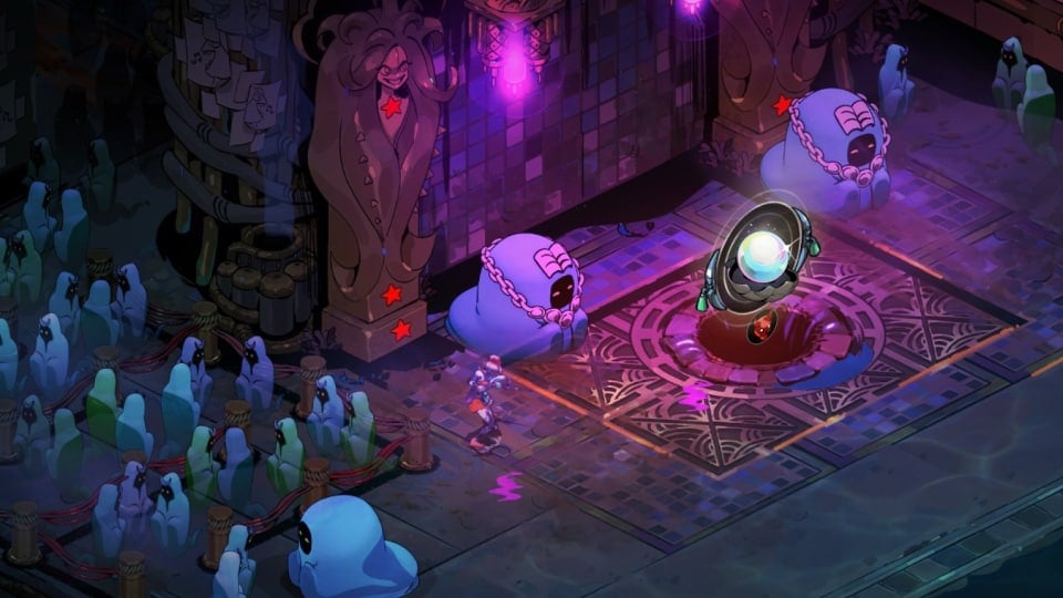 A screenshot from Hades II, showing Melinoe outside a venue for a musical performance.