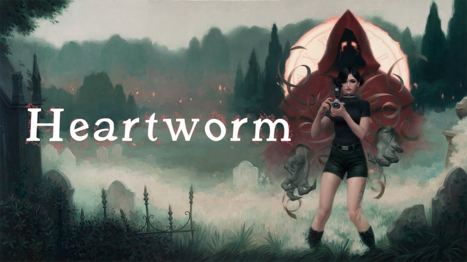A spread-shot cover of Heartworm, depicting protagonist Sam on the right, with the mysterious "Tapekeeper" behind her.