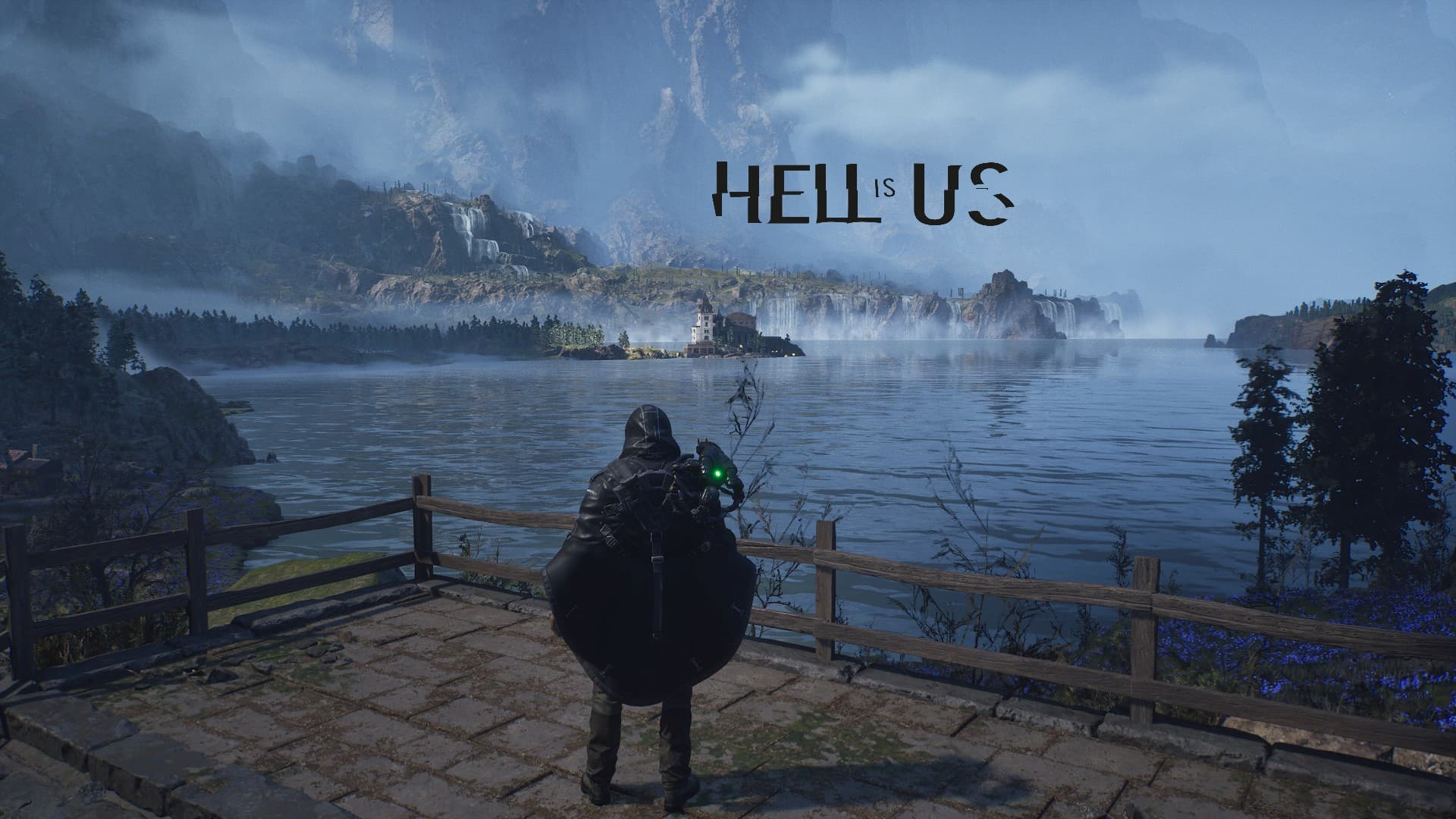Hell is Us photomode with black logo overlooking Lake Cynon 