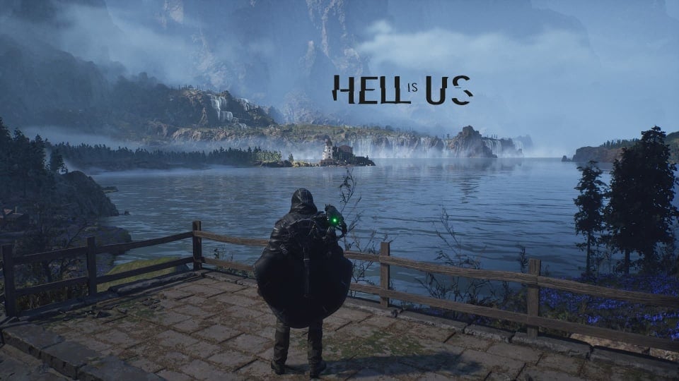 Hell is Us photomode with black logo overlooking Lake Cynon 